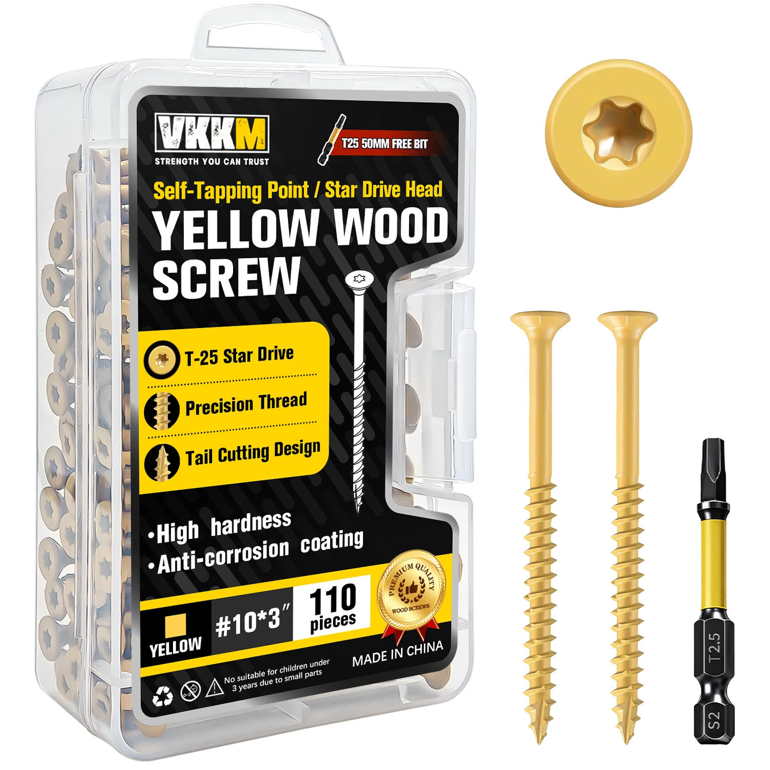 

#10 * 3" Wood Screws, 110Pcs Heavy Duty Self-Tapping Exterior Wood Screws, T25 Star Drive, Flat Head, Tan Coated, Bit Included
