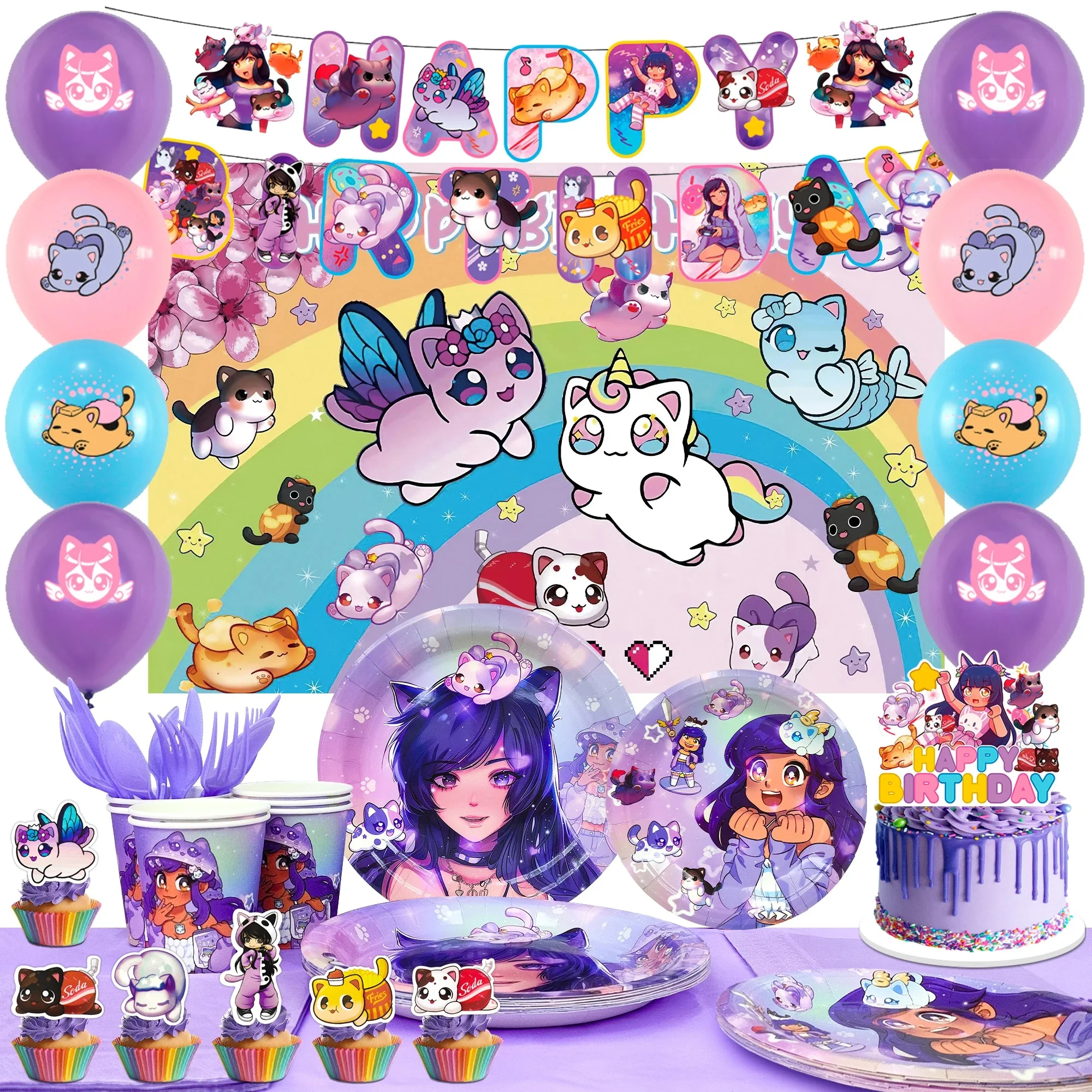 Ensemble de décorations de fête d'anniversaire sur le thème du jeu de chat Aph-mau, bannière, ballons, décorations de gâteau Chi, toile de fond, etc., 112 pcs
