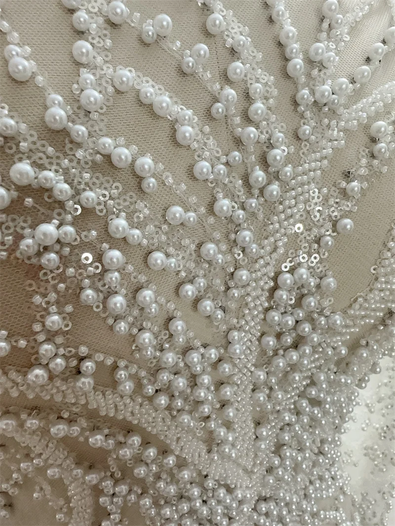 Unique  Top Quality Heavy Rich Pearls Beads Off White Wedding Gown Dress Lace Fabric Sell By 1 Yard