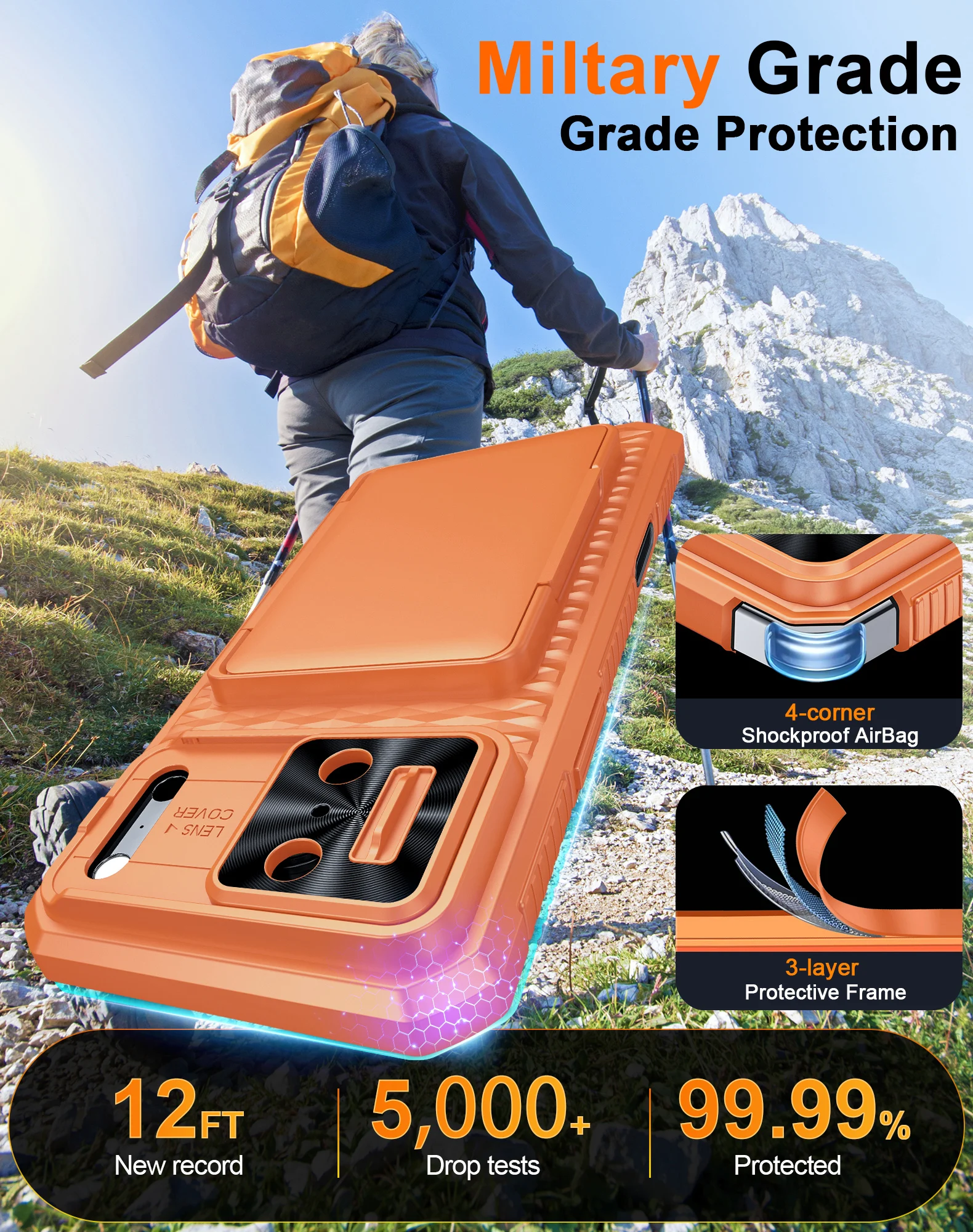 For iPhone 17 Pro Max With Card Holder Sliding Camera Cover And Stand Phone Case, Anti-Fall PC+TPU Wallet Case-Orange