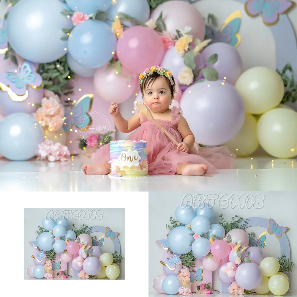 

Colorful Balloon Butterfly Photography Backdrop Pink Floral Decorative Girl Birthday Portrait Cake Smash Background Photo Studio