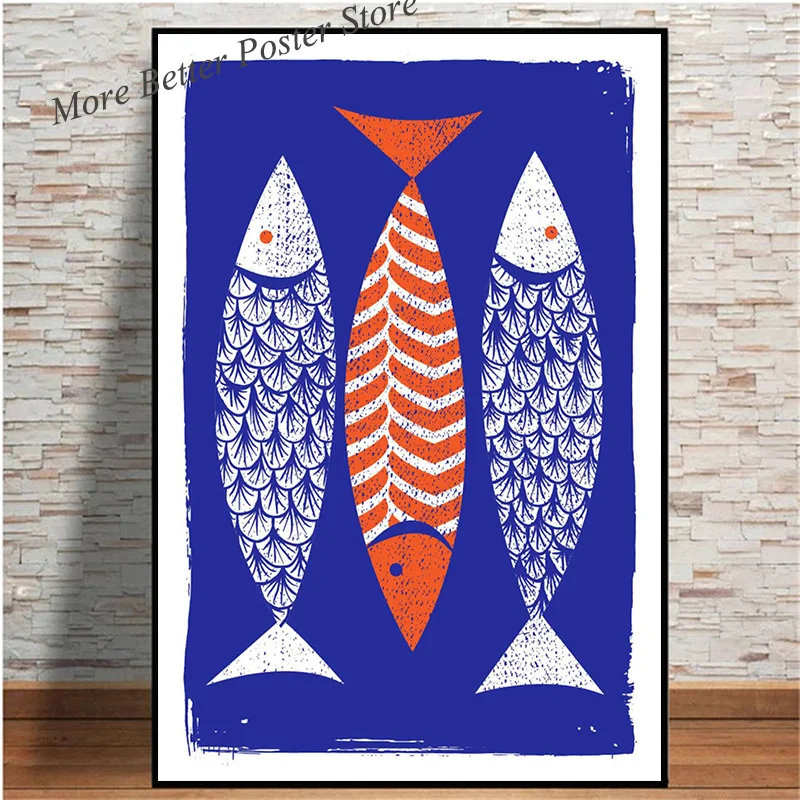 Modern 3 Fish Art Scandinavian Style Poster Print Canvas Painting Indigo Wall Art Coastal Kitchen Art Room Home Decoration