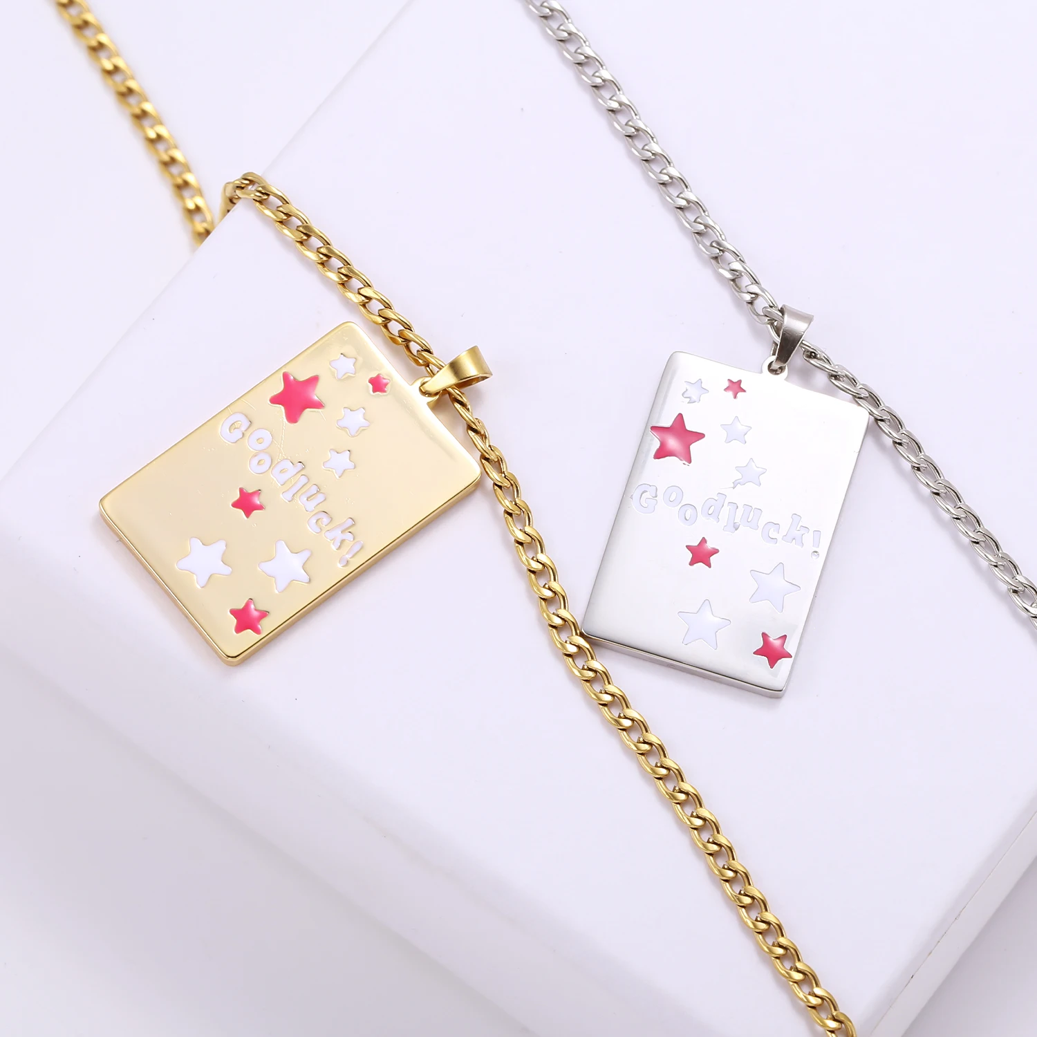 Custom Oiled Name token Necklace Stainless Steel Personalized Enamel 18K Gold Plated Square Pendant Birthday Gift For Women