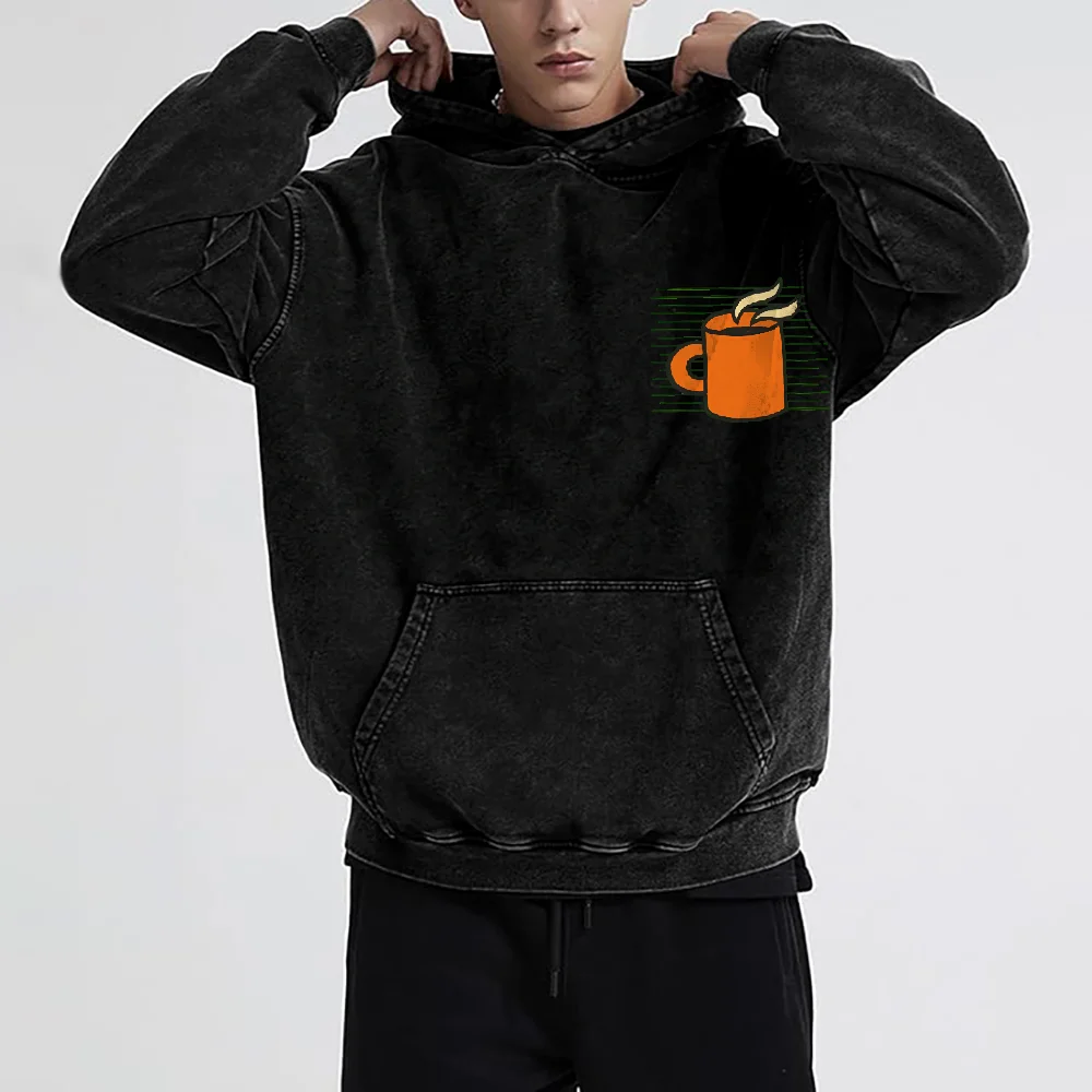 

Coffee Enthusiasts Fleece Lined Hoodie Coffee Cup Pattern Casual Loose Long Sleeved Warm Hearted Fashionable Comfortable Top
