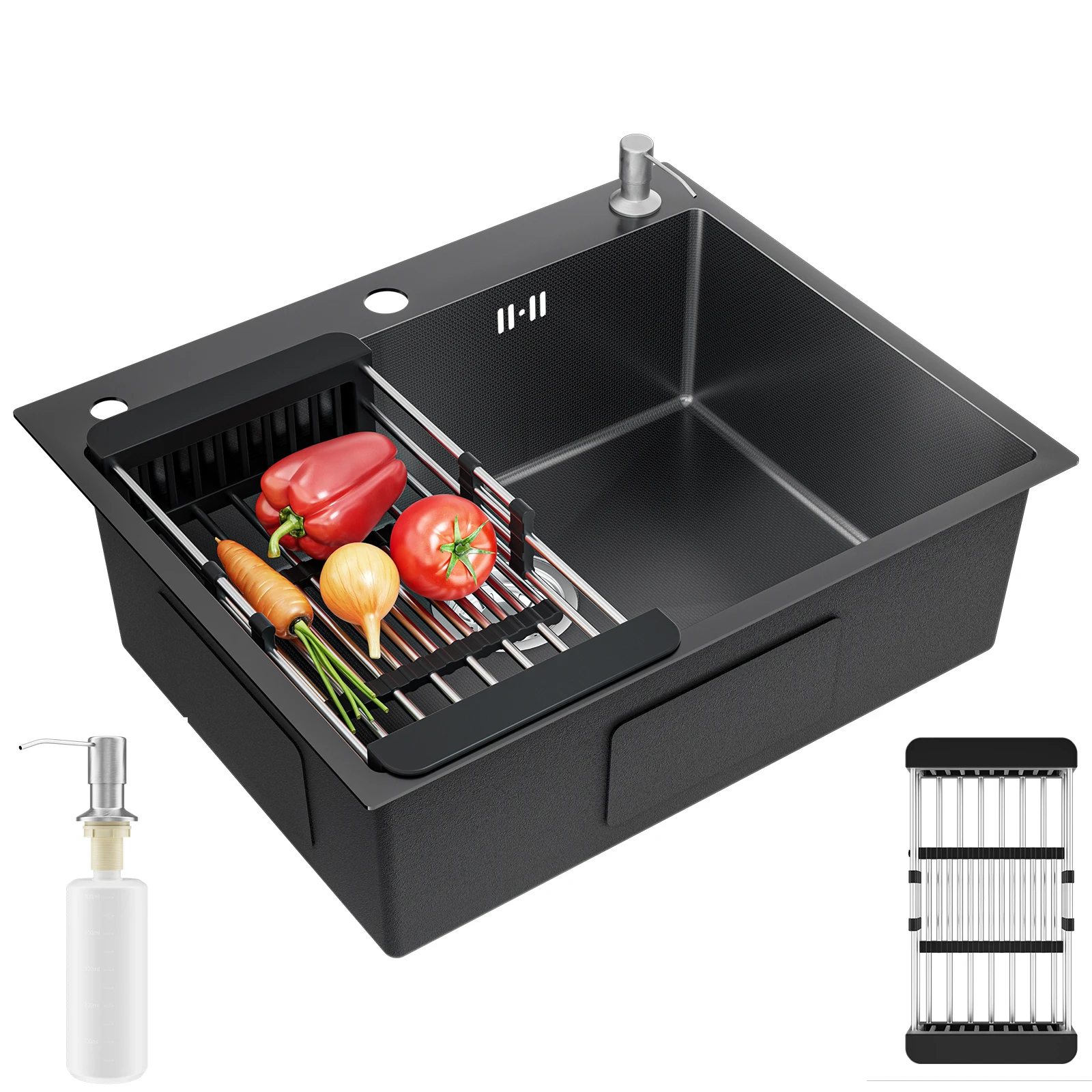 60×49cm Lavello da cucina in acciaio inox – SUS304 – Con cestello filtro estensibile e dispenser sapone – Lavello da cucina a vasca singola