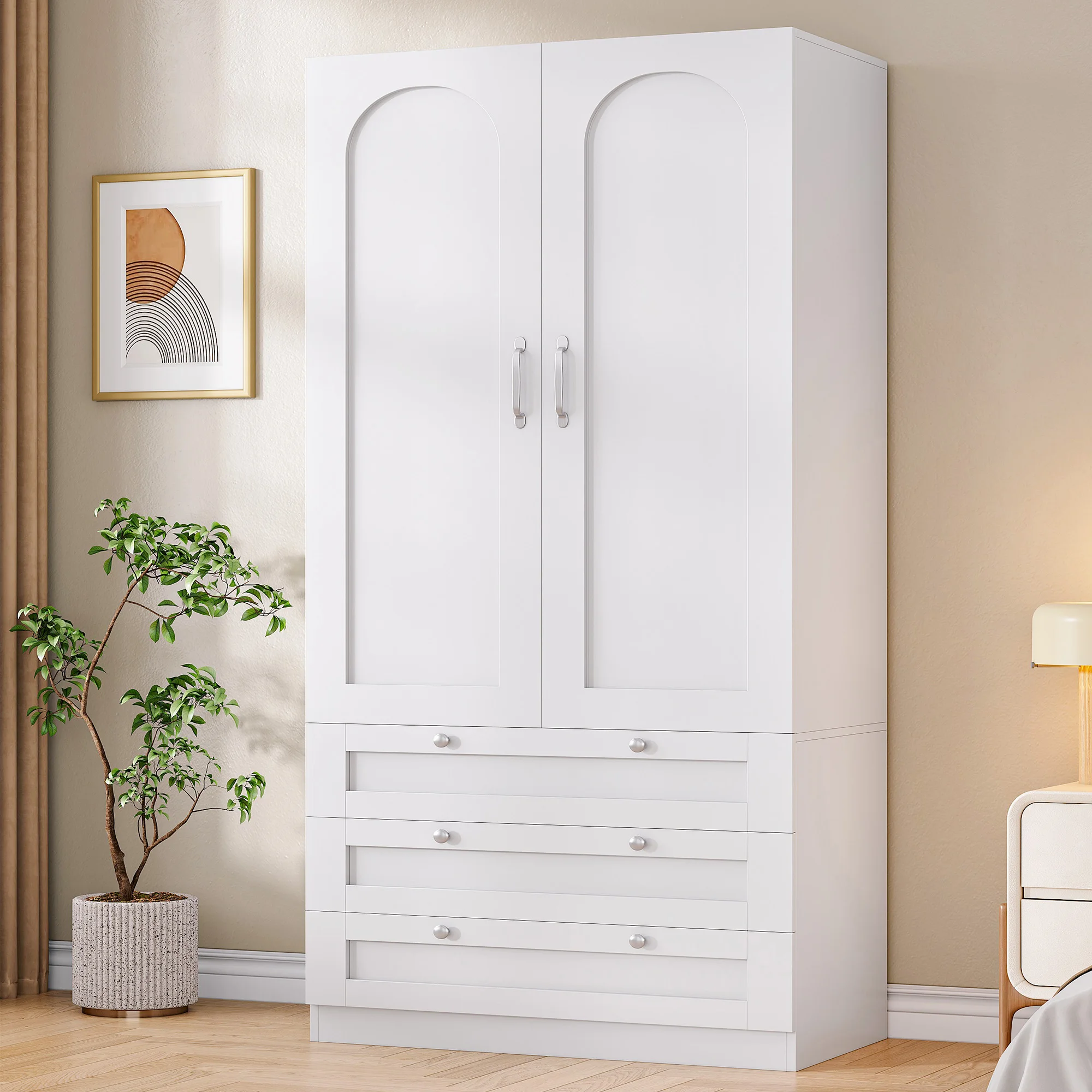 Armario de 2 Puertas, Armarios de Dormitorio con 3 Cajones y Perchas, 2 Estantes y Ganchos en los Laterales de las Puertas