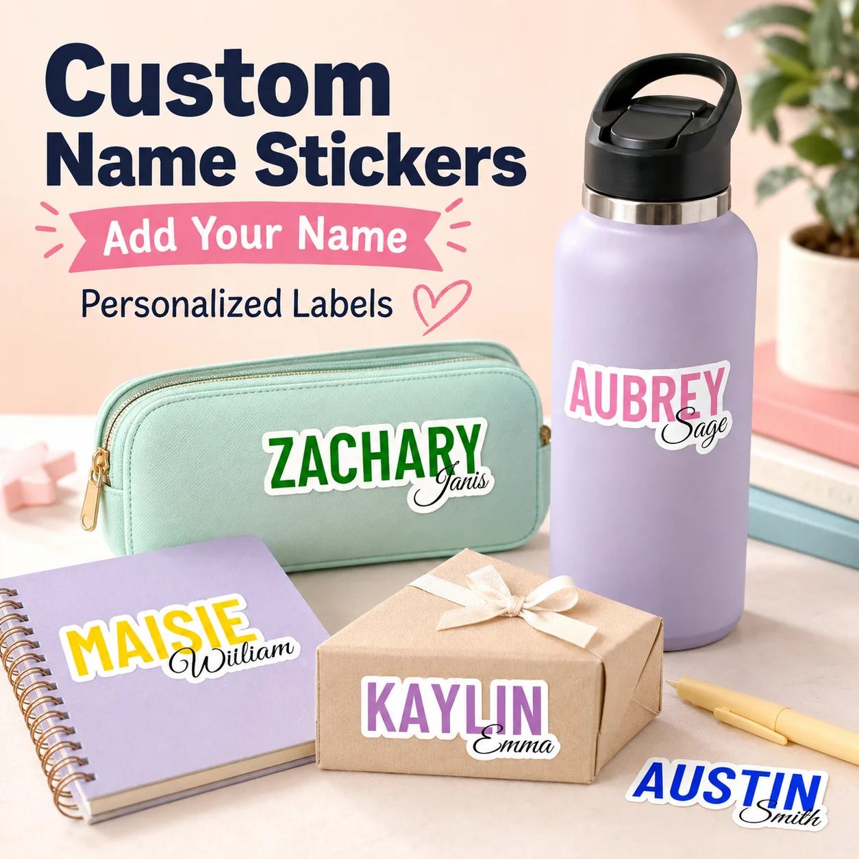 Personalized Custom Name Stickers Decals for Water Bottles Tumblers Laptops Notebooks Phones Back To School Christmas Gift Tags
