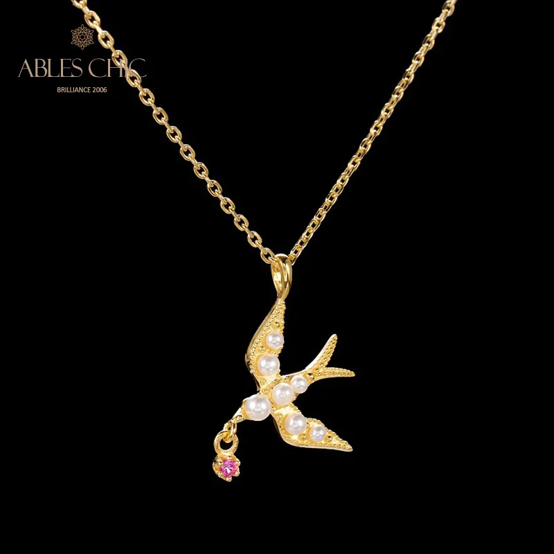 Ables Chic Solid Silver Gold Tone Swallow Pendant Mother of Pearl Beads Birdie Necklace C11N3S25970