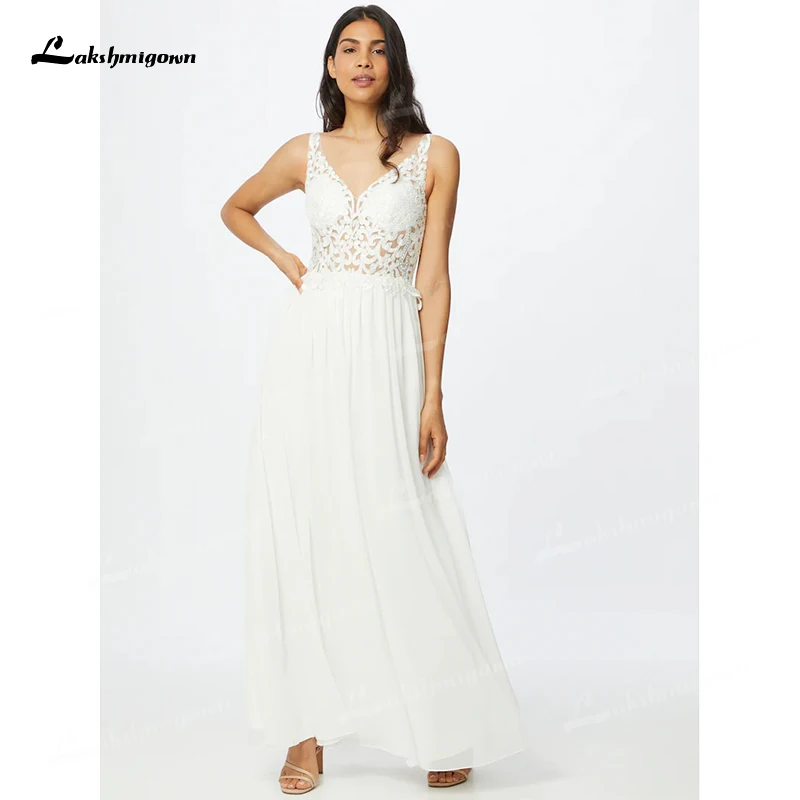 Vestido de novia bohemio con escote en V, tirantes finos, espalda abierta, Apliques de encaje, línea A, gasa, para barrer