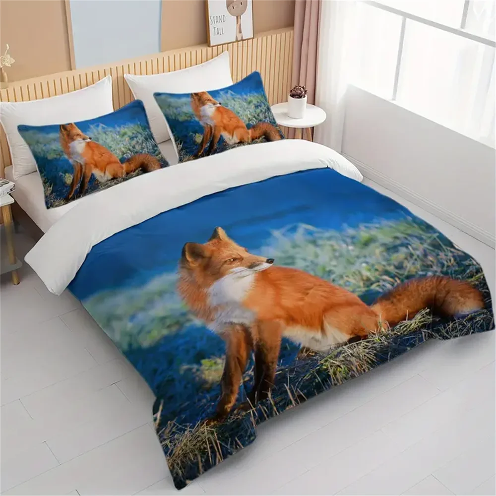 Looking Back Fox Design Bedding Sets 3 Piece Orange Blue Duvet Cover Set Fox Animal Bedspreads with 2 Pillowcases