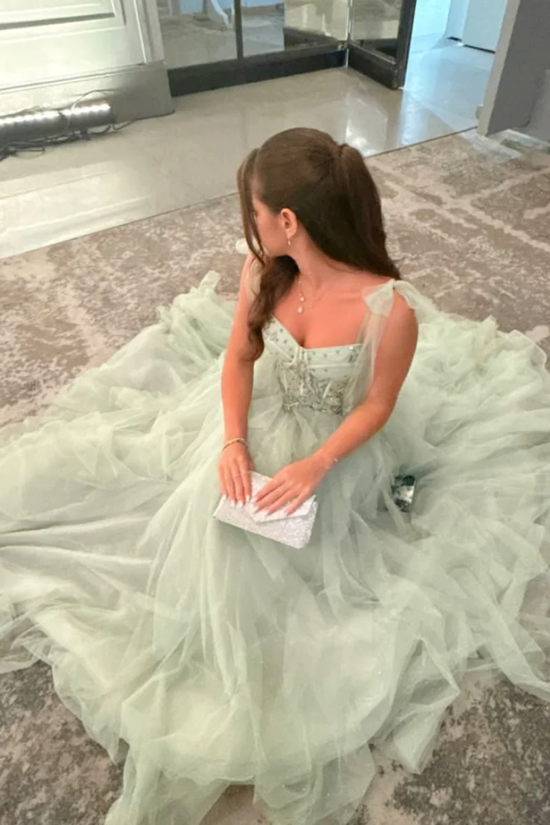 Annie Hellgrüne Ballkleider, bestickter Tüll, Prinzessinnen-Abendkleider, A-Form, elegante Damen-Partykleider, فسات Cosa •Мة