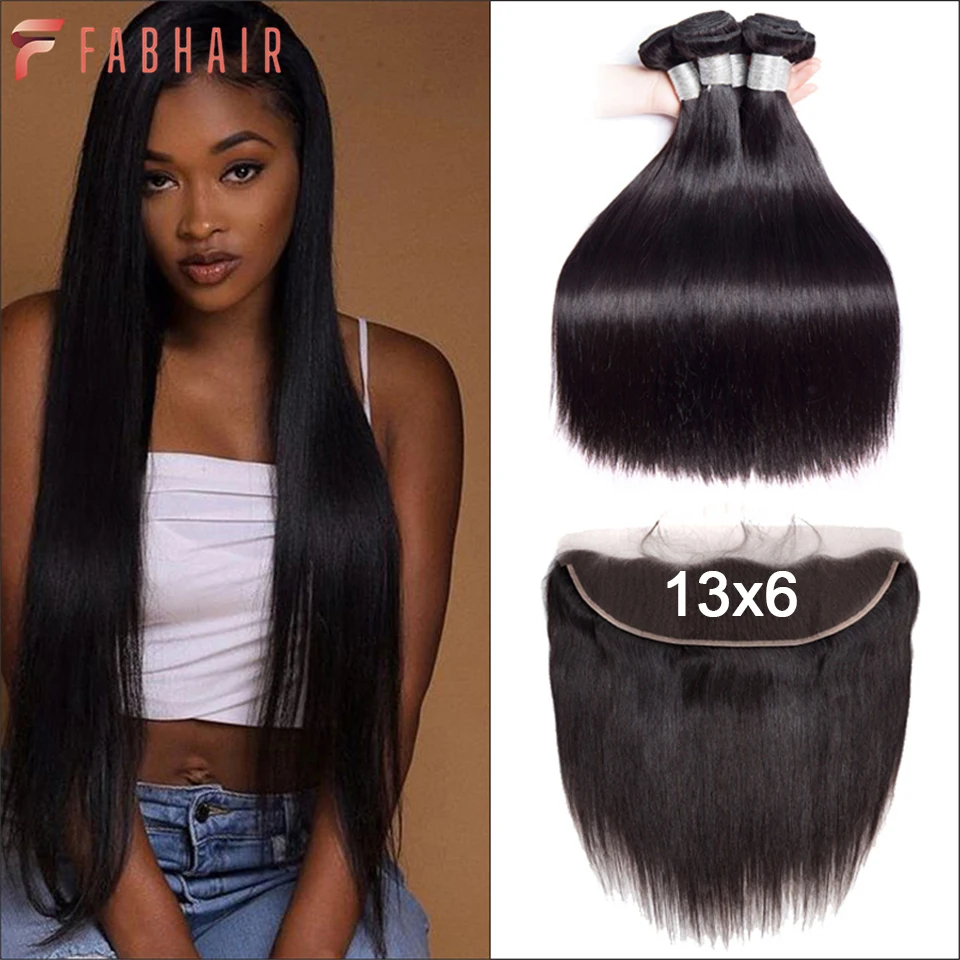 

FABHAIR Straight Hair Bundles With Frontal Human Hair Bundles With Frontal Brazilian Hair Weaving With 13X6 Lace Hair