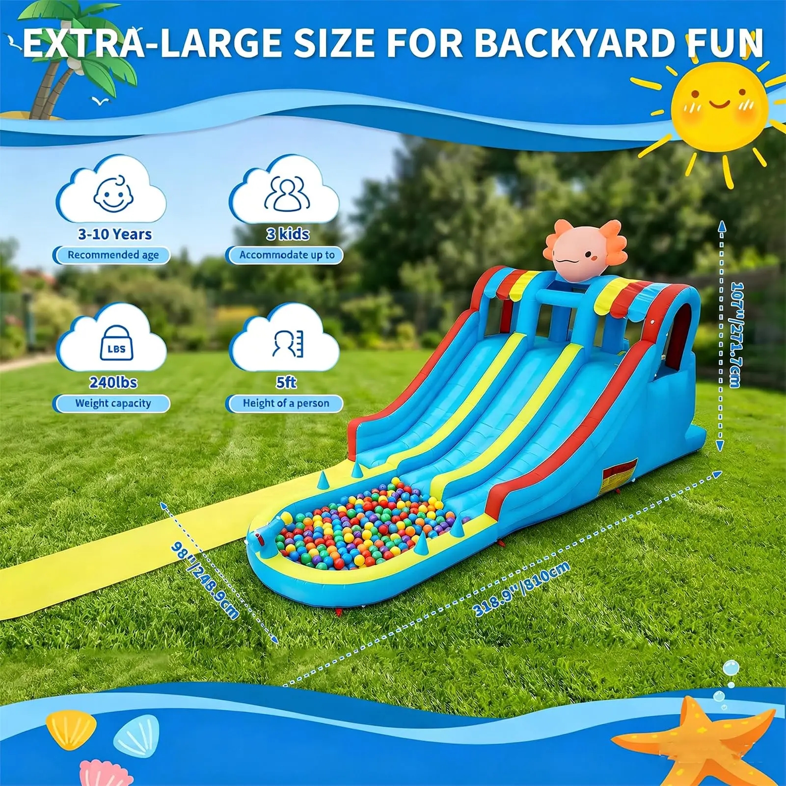 27FT Inflatable Water Slide Bounce House for Kids 3-10, 8 in 1 Dual Slides Water Park Bouncy Castle with 610W Blower, Jump House for Outdoor Backyard Birthday Holiday Party, Axolotl Theme