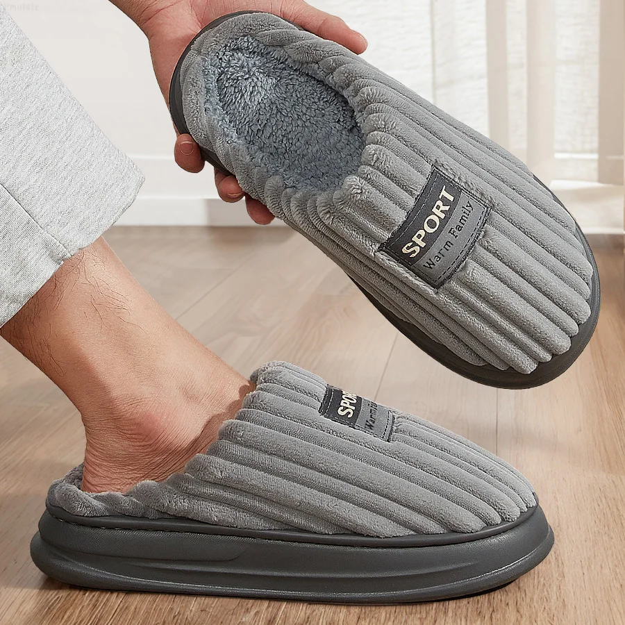 House Slippers For Men Striped Platform Memory Foam Fashion Winter Non-slip Eva Slippers Warm Plush Soft Indoor Shoes Big Size