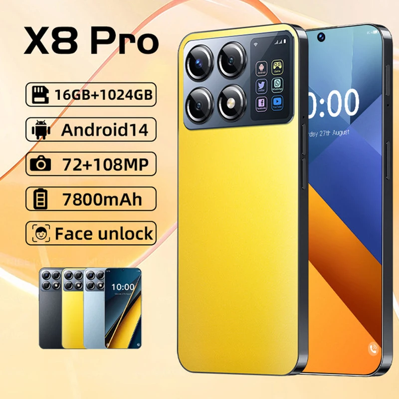 

2025 NEW X8 Pro Smartphone 7.3inch Global Version 16G+1TB Snapdragon 8 gen3 Android14 50+108MP 4G/5G Cellphone Mobile Phone NFC