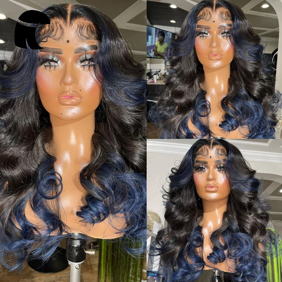 Changjin 13x6 Lace Front Wigs For Women Highlight Blue Color Brazilian Remy Human Hair Glueless Wig Body Wave With Baby Hair