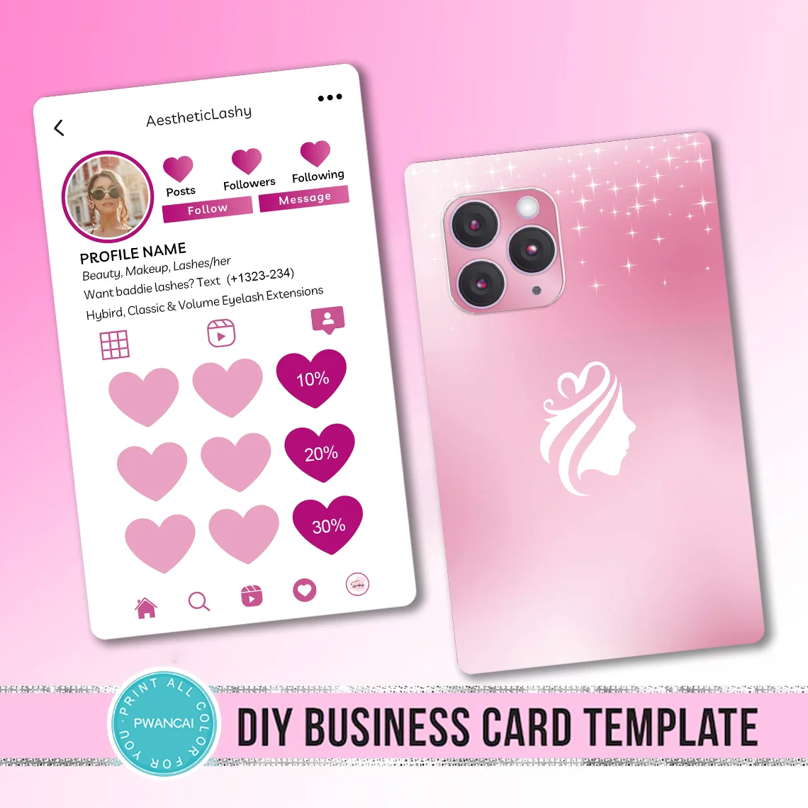 Loyalty Card With Logo Personalizables Design Black Pink Lash Extension nails cards Customized Thank You Card For Small Business