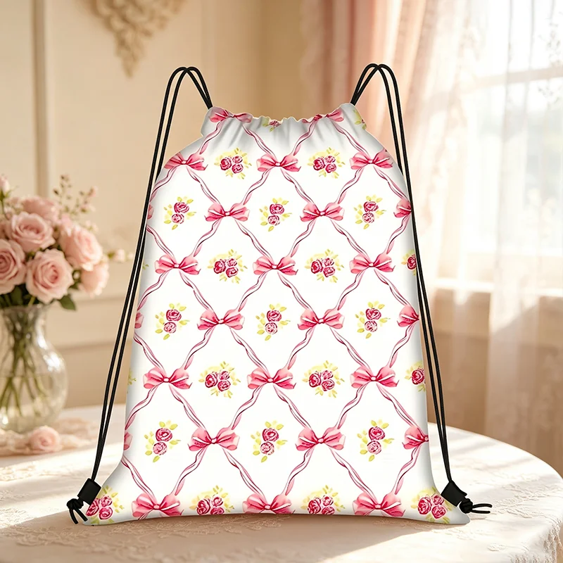1PC Cute Bowknot Rose Pattern Drawstring Backpack - Perfect for Shopping, Commute & Daily Use