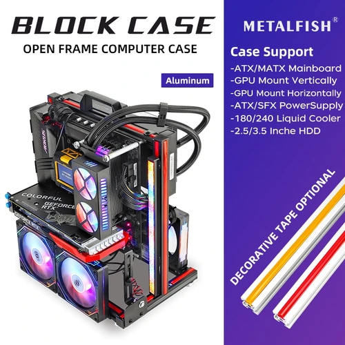 Imagen 2 del producto METALFISH BlockCase, carcasa de marco abierto de aluminio, soporte para placa base ATX/M-ATX, montaje GPU, gabinete para juegos con enfriador de agua Horizontally 240
