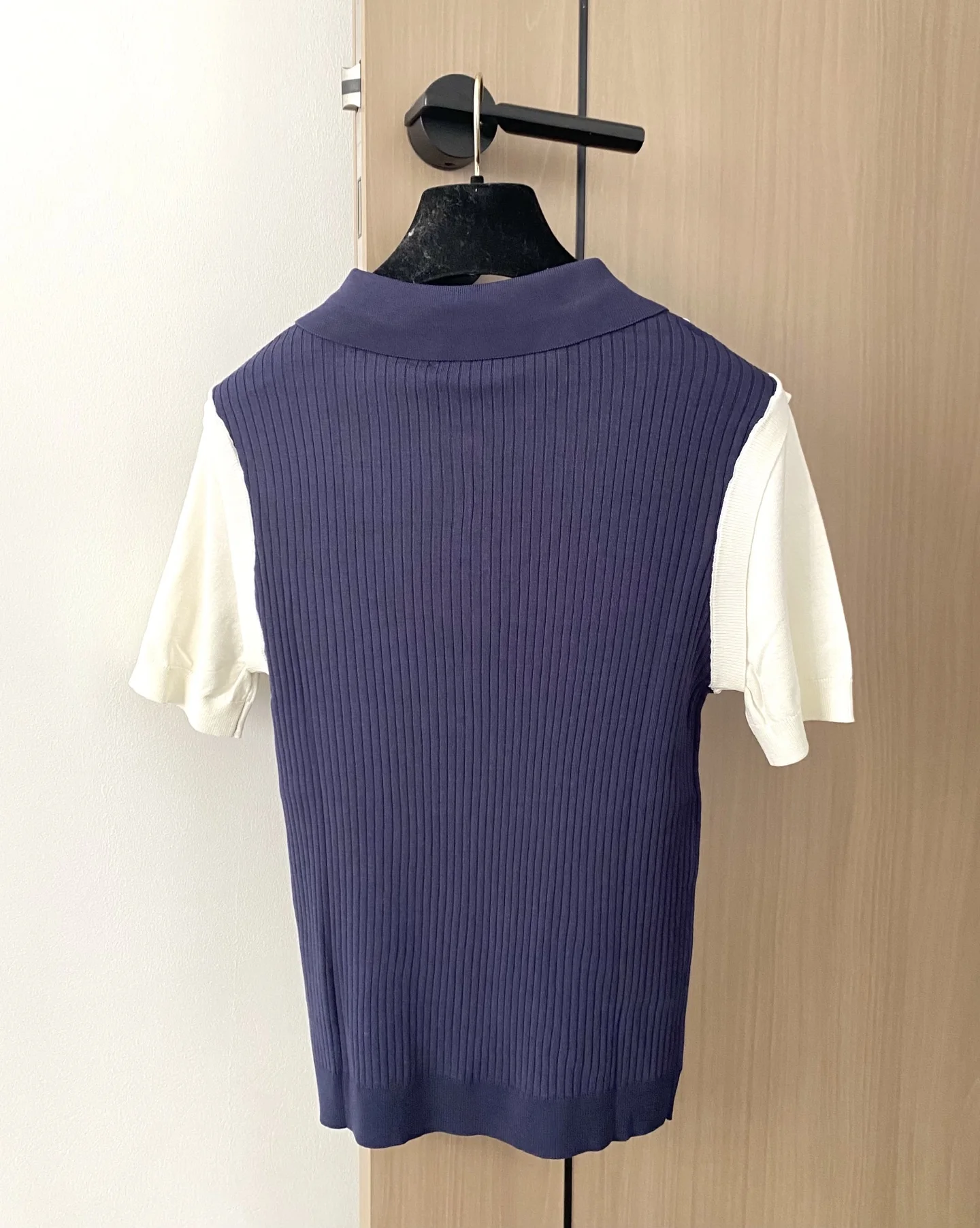 

2025 Summer Women's New Knitted Shirt Collar Short Sleeve Color Contrasting Fake Two Piece College Style Blue White Color WYY148