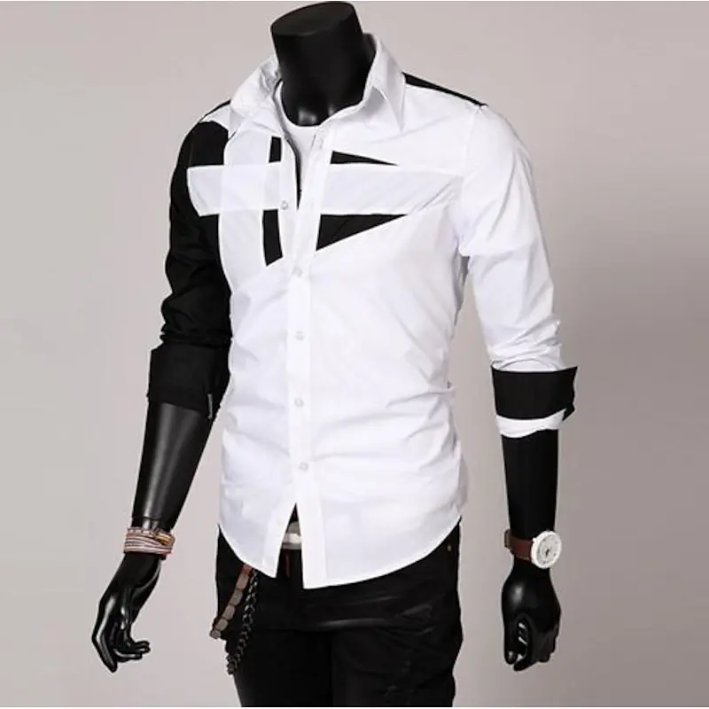Fashionable men\'s luxury high-quality casual office formal T-shirt shirt spliced black and white with popular style tops