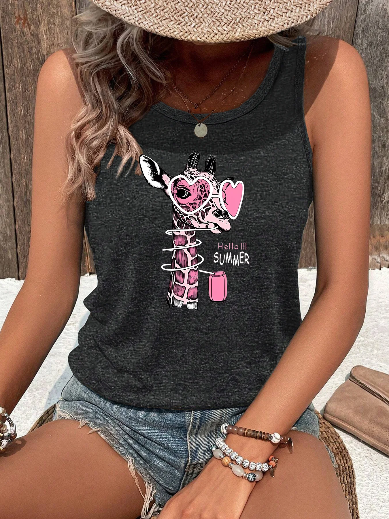 Hello Summer Cute Giraffe Sunglasses Summer Fashion Funny Sports Women's Tank Top Loose O Neck Sleeveless Casual Tank Top