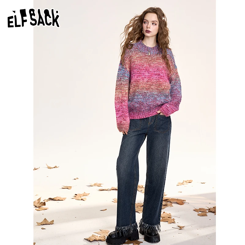 ELFSACK 2024 Winter New Arrivals Women's colorful gradient sweater, loose, sweet and soft