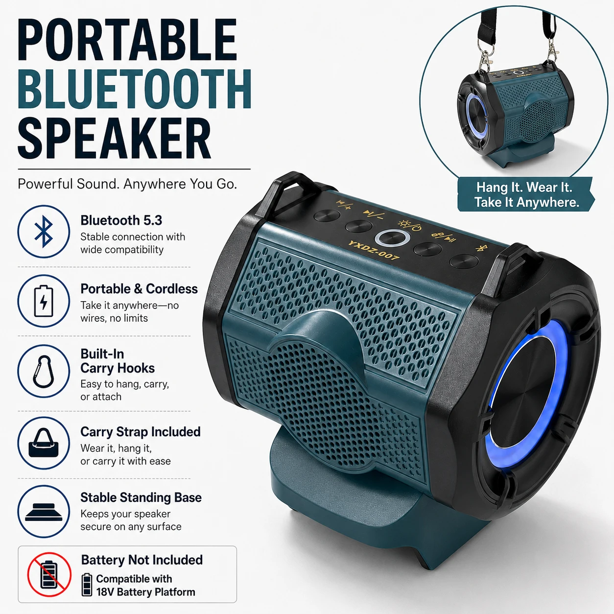 Bluetooth Speaker for Makita 18v LXT Battery,30W Cordless Small Speaker for Jobsites, Home and Party (Battery not Included)