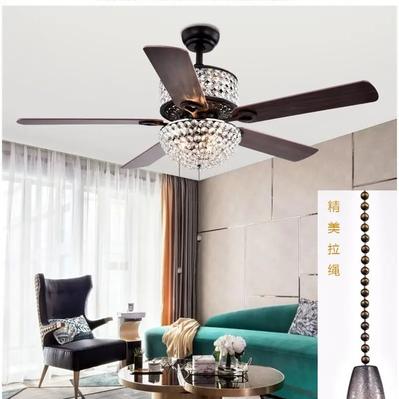 New American Restaurant Ceiling Fan Lamp, Rural Retro European Style Iron Leaf Living Room Fan Lamp, Crystal Led Luxury GoldFans