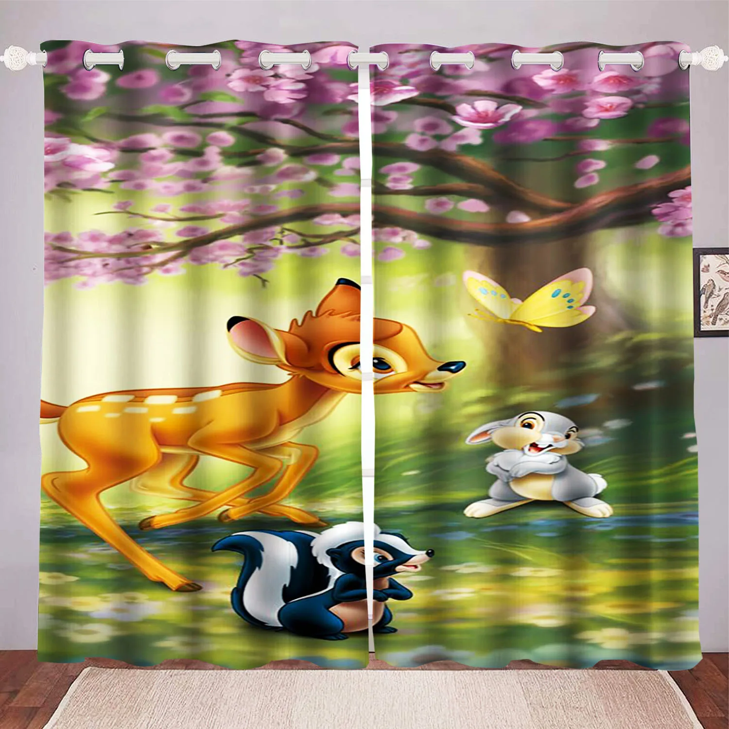 Bambi Cartoon Curtain for Home Decoration, Polyester Shade Curtains, Disney Window, 2 Tablets, Bedroom, Living Room