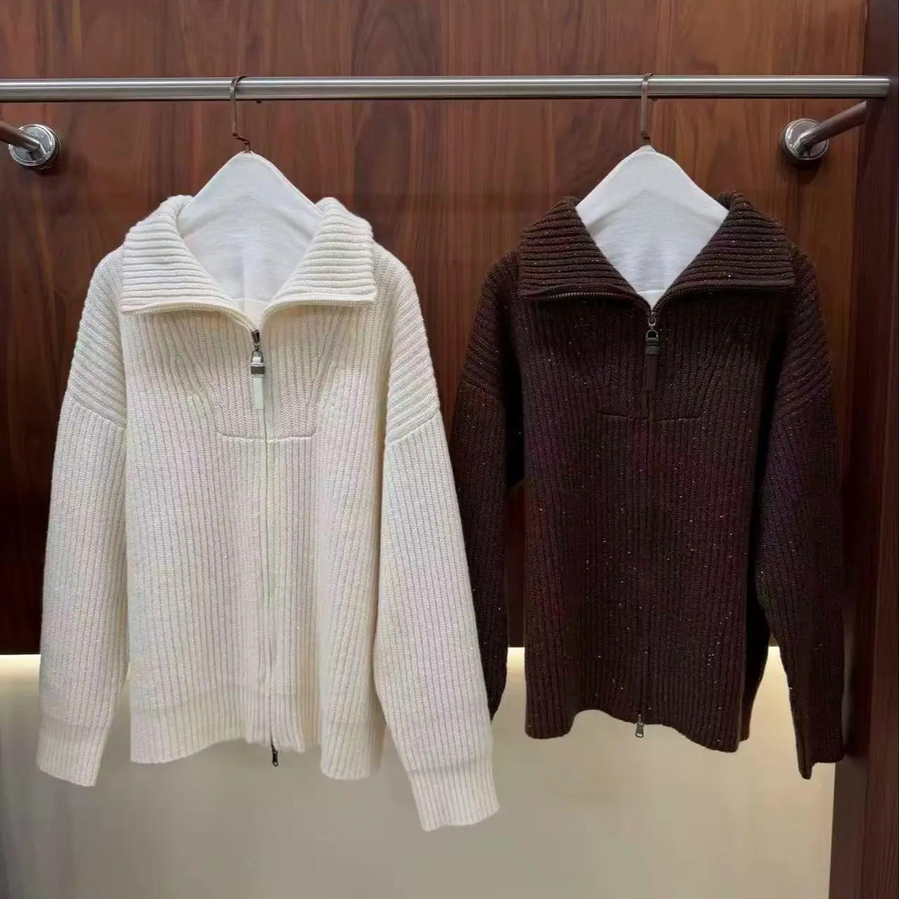 Elegant Sequin Knitted Zipper Cashmere Cardigan