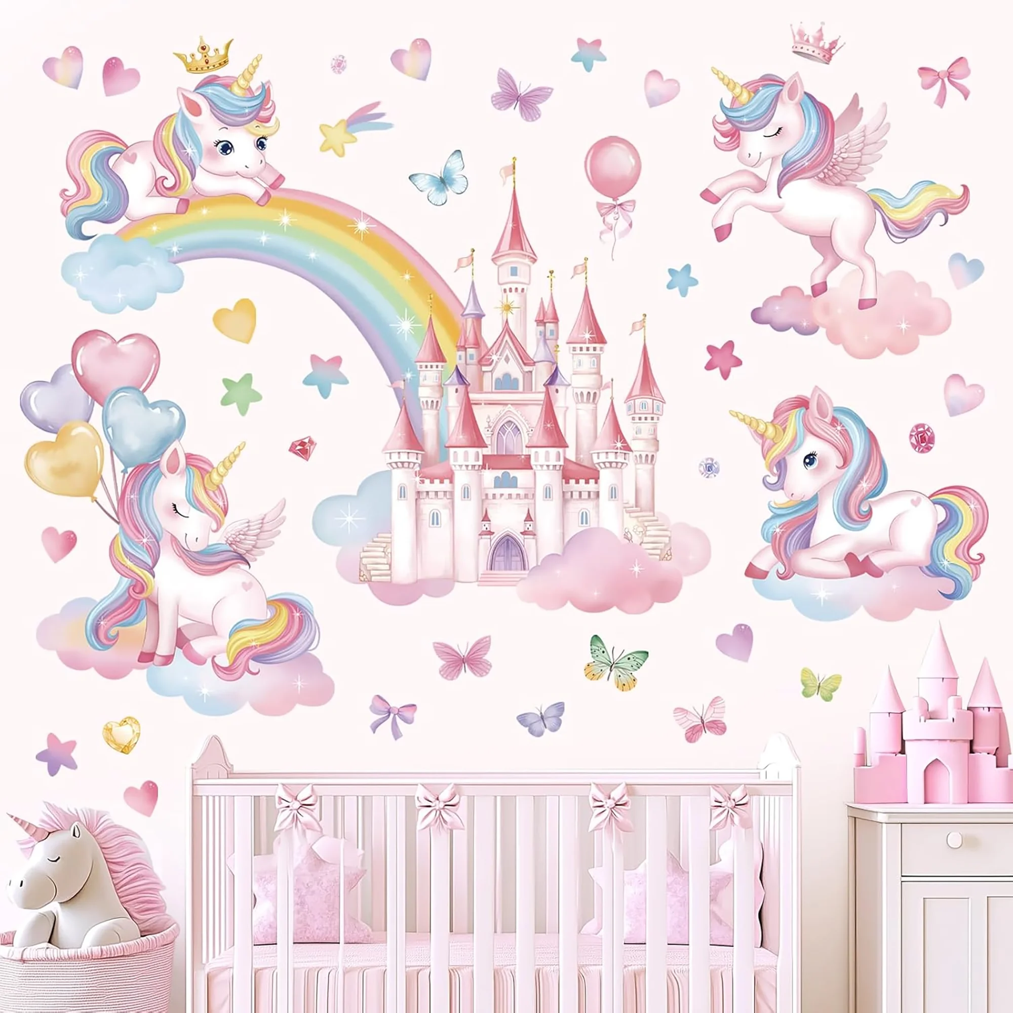 Unicorn Castle Wall Sticker for Kids Room, Rainbow Nursery Wall Decal, Magical Fairy Tale Bedroom Decor, Removable