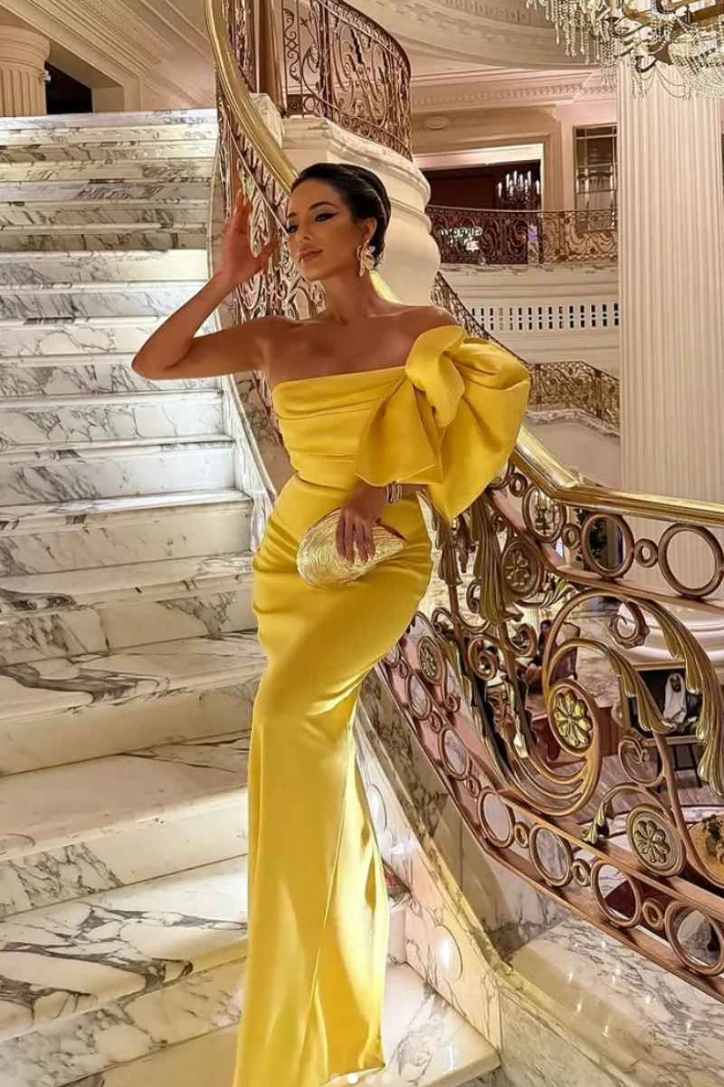 Annie Handmade ซาตินดอกไม้ชุดราตรีสีเหลือง Elegant Lady ชุดราตรี Off-shoulder SLIM FIT ชุดแต่งงาน
