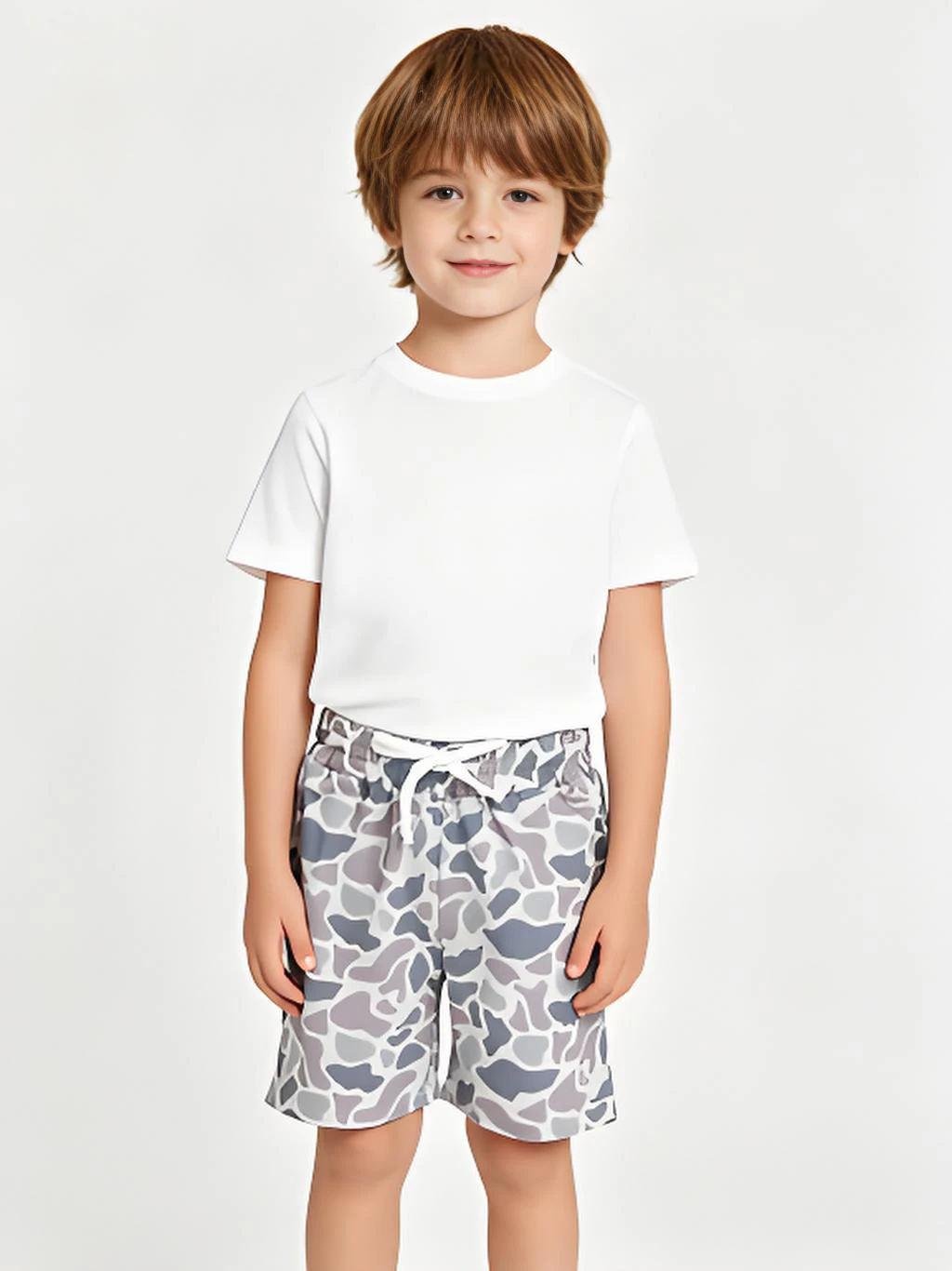 Kids Boys Grey Camo Drawstring Summer Shorts Breathable Lightweight Loose Fit Solid Pattern Cargo Swimwear