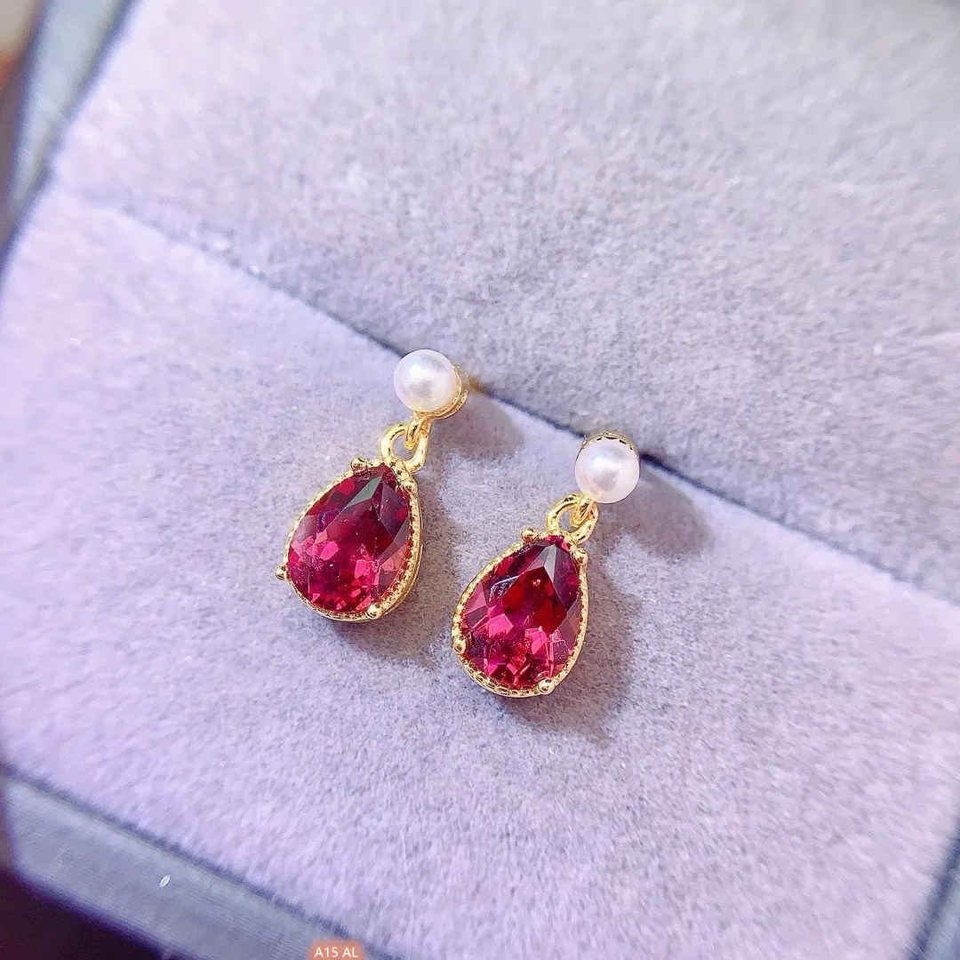 Fine Jewelry 925 Sterling Silver Inset Natural Magnesium Aluminum Garnet 5x7mm Girls Electroplated 18K Pearl Earrings to GIFT