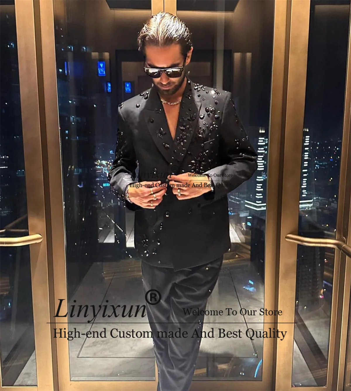 Luxury Jewel Decoraction Men\'s Suits Notched Lapel Groom Wedding Blazer Formal Party Prom Suits 2 Pieces Business Male Tuxedos