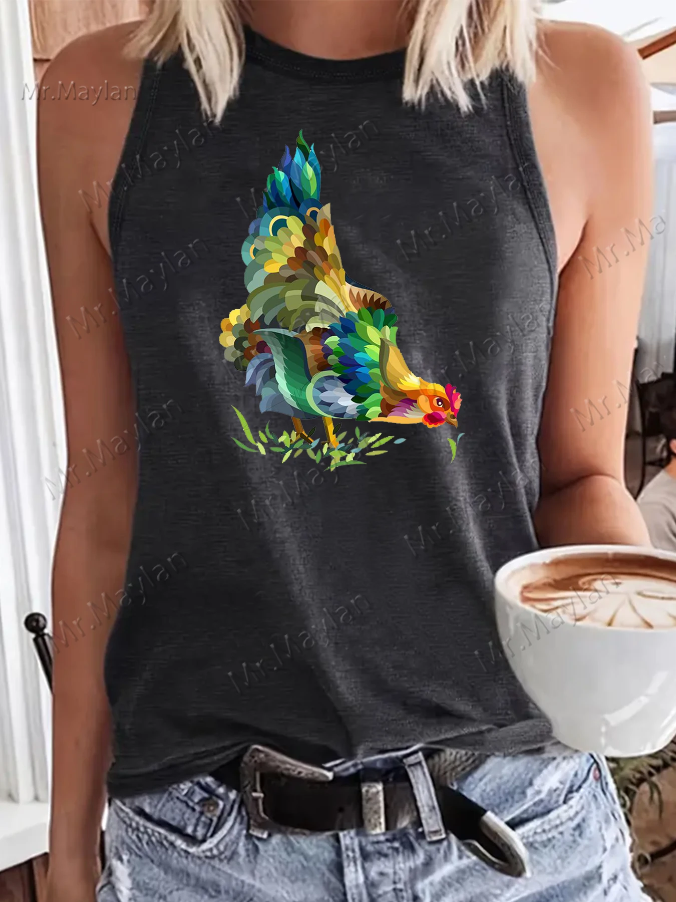 Colorful Chicken Costume Gift Printed Women's Tanks Tops Sexy O-neck Vest Tees Girls Black Clothes Oversized Ropa De Mujer S-137