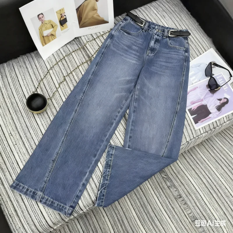 

2025 autumn and winter women's belt washed denim straight leg pants SU148