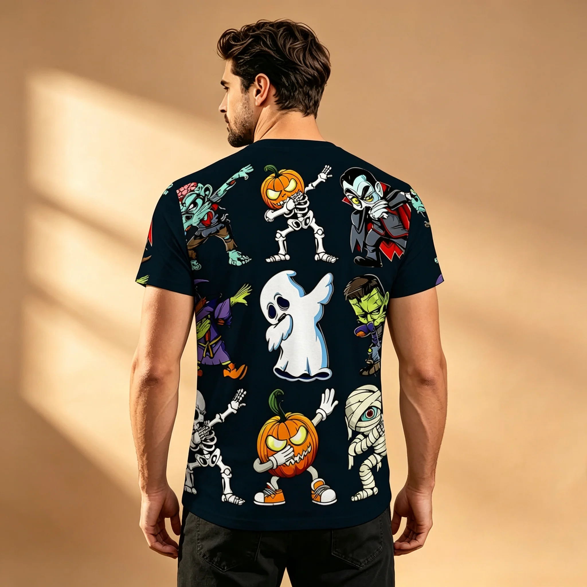 Men's Funny Dabbing Halloween Character Graphic Ghost Pumpkin Skeleton Zombie Vampire Print, Crew Neck Casual Loose Holiday