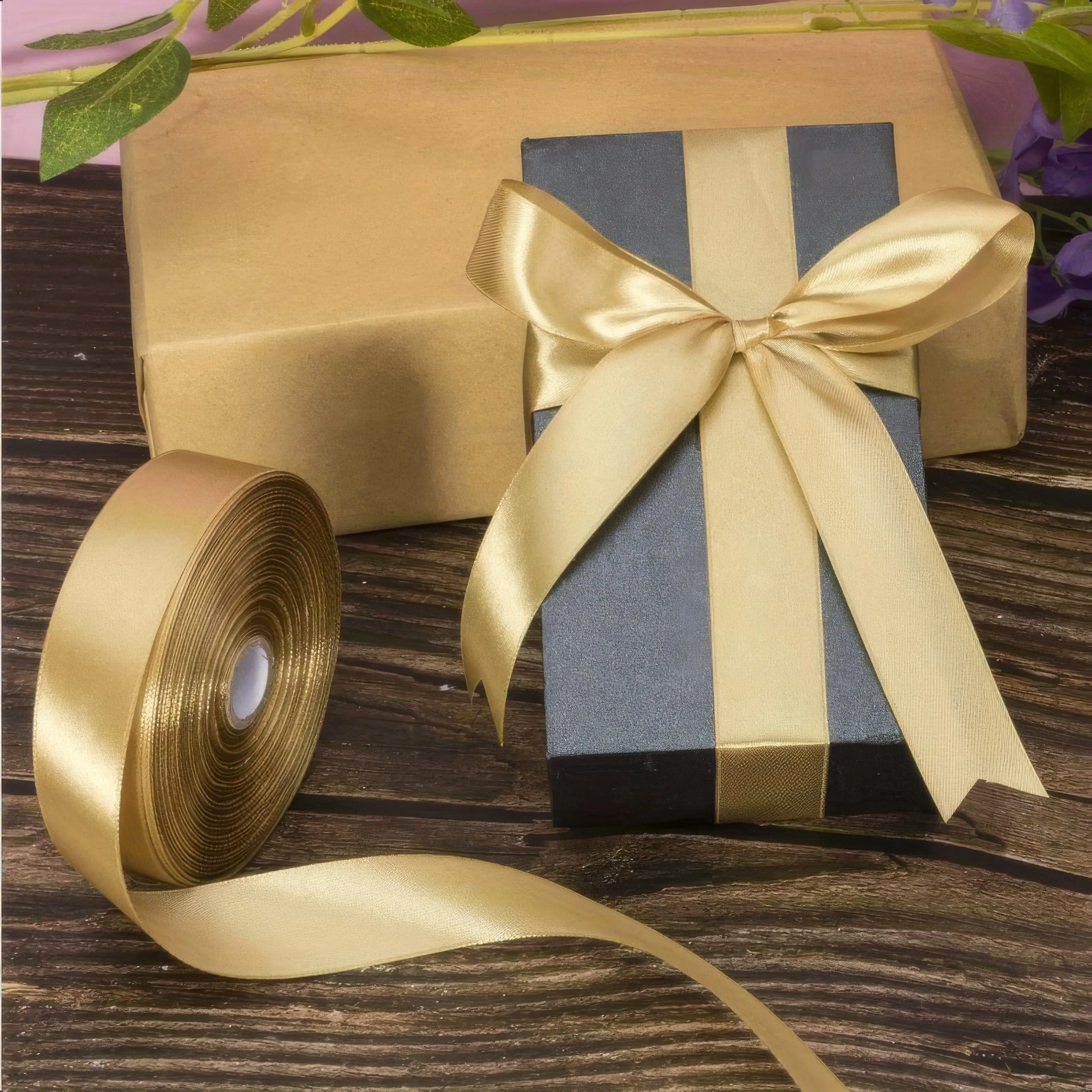 Elegant Gold Satin Ribbon: Decorative & Versatile Ribbon Perfect for Gift Wrapping, Crafts and Decor.