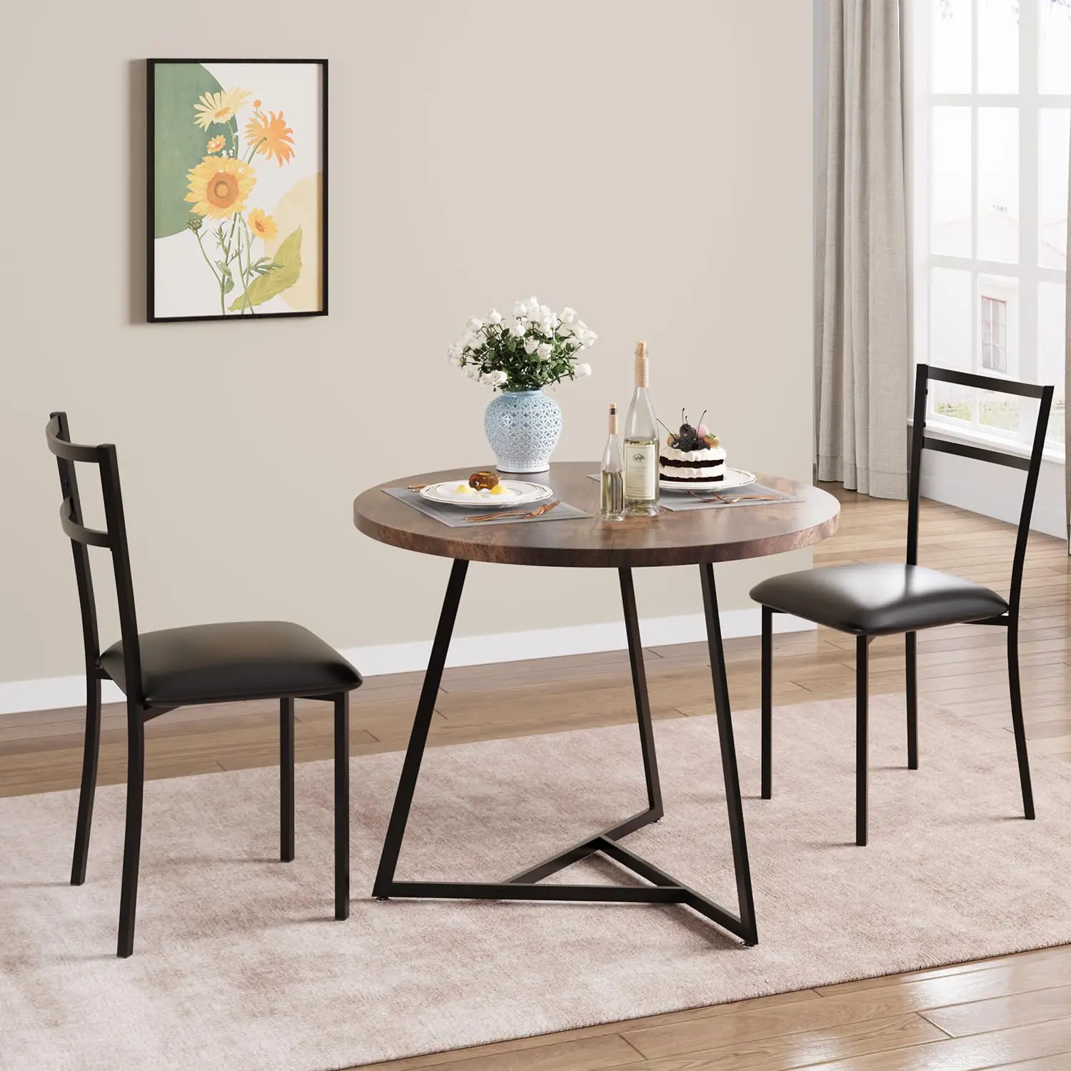 Dining Table Set for 2, Kitchen Table and Chairs for 2 with Upholstered Chairs, 3 Piece Dining Room Table Set, Round Kitchen Table Set for Small Space, Apartment, Studio, Rustic Brown