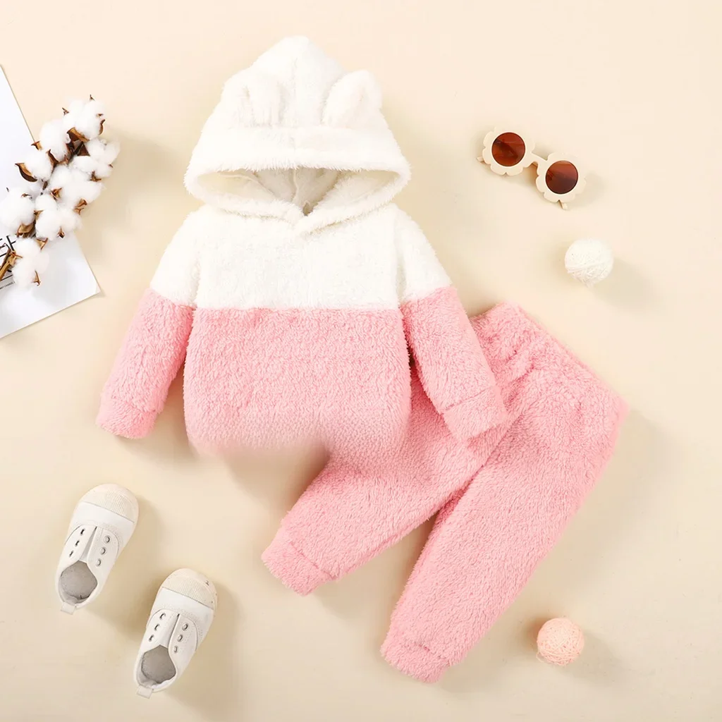 0-2 lata Newborn Baby Girl Fluff Hooded Clothes Set Long Sleeve Hoodie Top + Pant Autumn and Winter Warm Daily 2PCS Outfit — zdjęcie 2