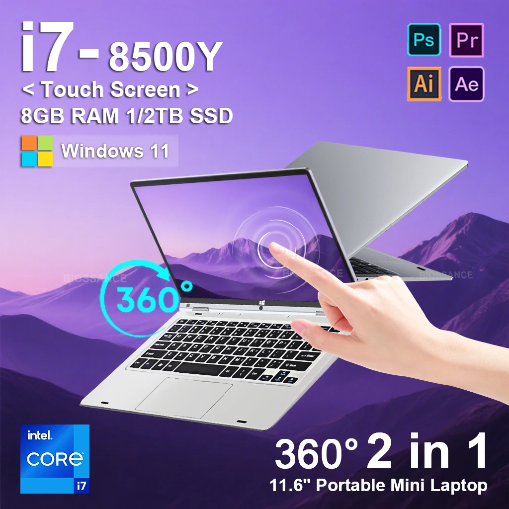 Intel Core i7-8500Y 2in1 ordinateur Portable écran tactile 11.6 8GB RAM 1 to 2 to SSD Windows 11 bureau ordinateur Portable 360 °   Carnet à rabat