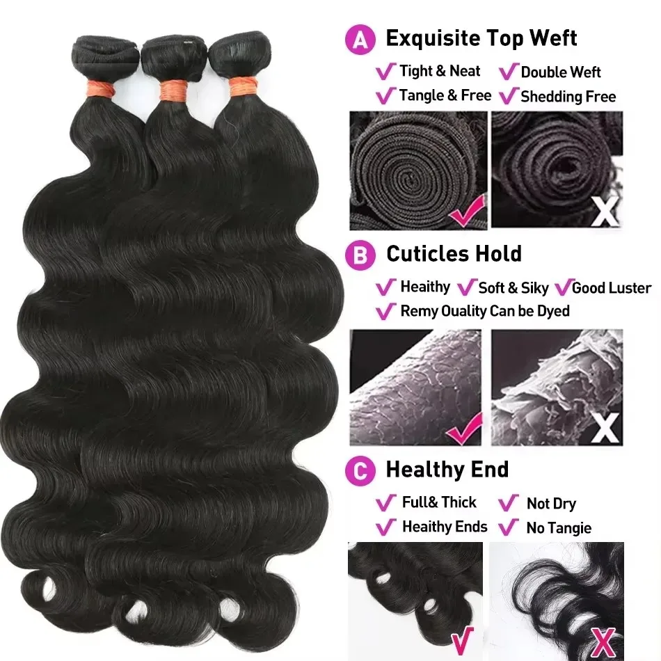 MELODIE Body Wave Bundles Human Hair Brazilian Weaving Natural Black Water Wave 4 Bundles 30 Inch Raw Hair Extensions For Women