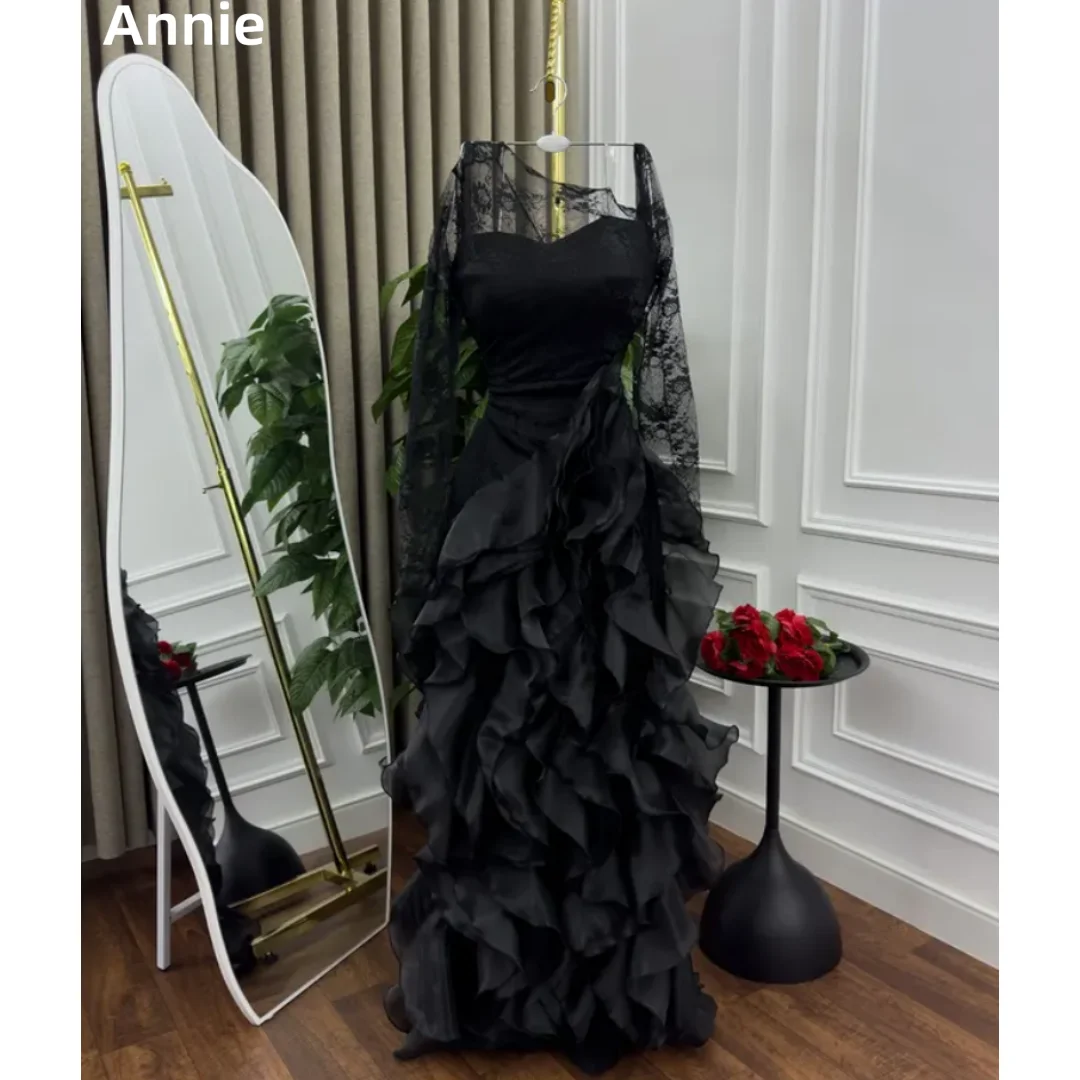 

Annie Black Prom Dresses Lace Long Sleeves Evening Dresses Organza Ruffle Layering Slim And Elegant Ladies Wedding Party Dresses