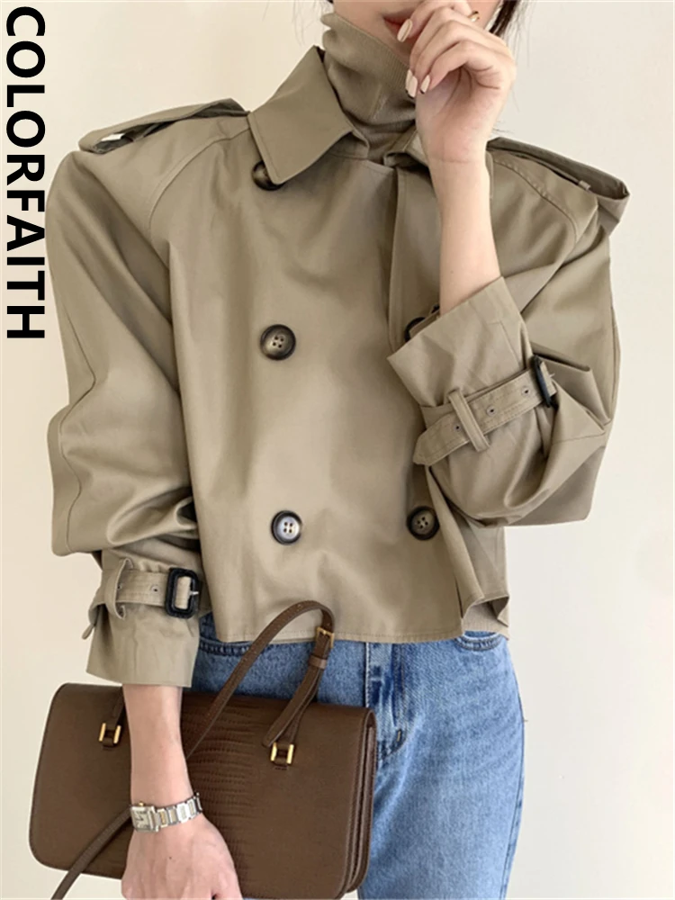 Colorfaith New 2022 Streetwear Buttons Cargo Vintage Oversize Wild Short Autumn Winter Women\'s Windbreaker Trench Tops JK1355