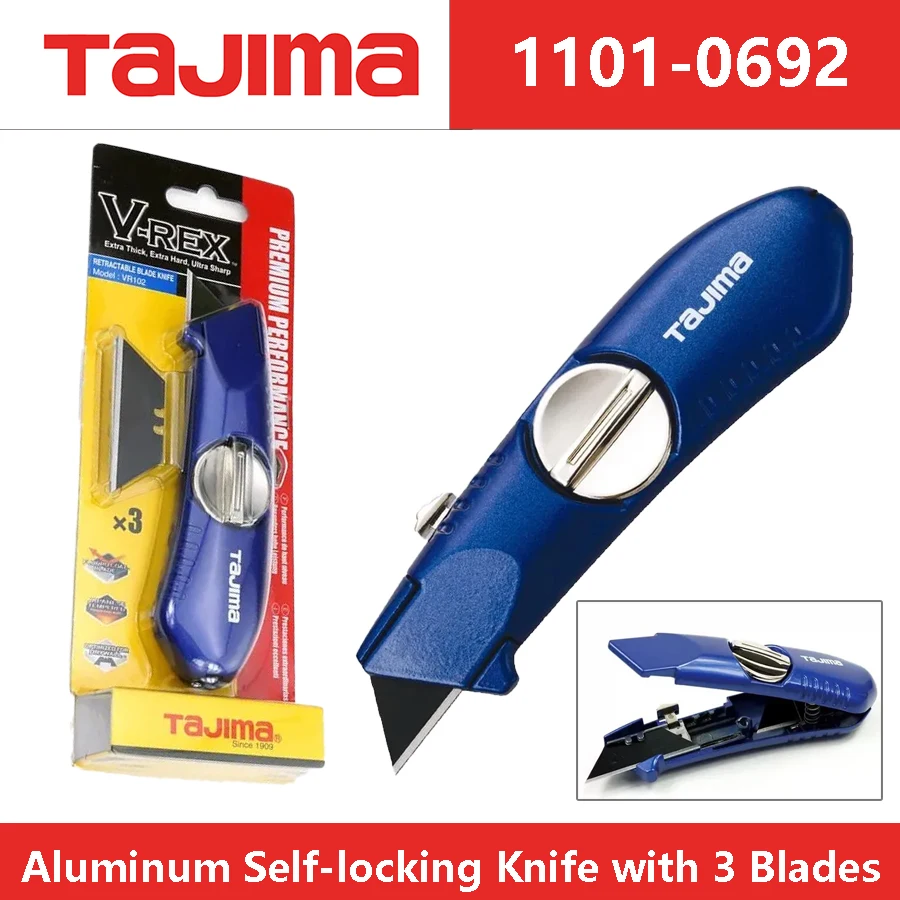 

Нож самоблокирующийся алюминиевый TAJIMA 1101-0692 с 3 сменными трапециевидными лезвиями, нескользящая рукоятка, острое лезвие VR102B