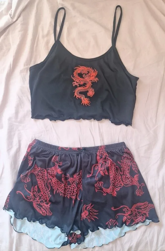 Sexy Nightwear Women Printed Dragon Vest Halter Top Shorts Leopard Print Pajamas Homewear Suit Ladies Sleepwear Loungewear photo review