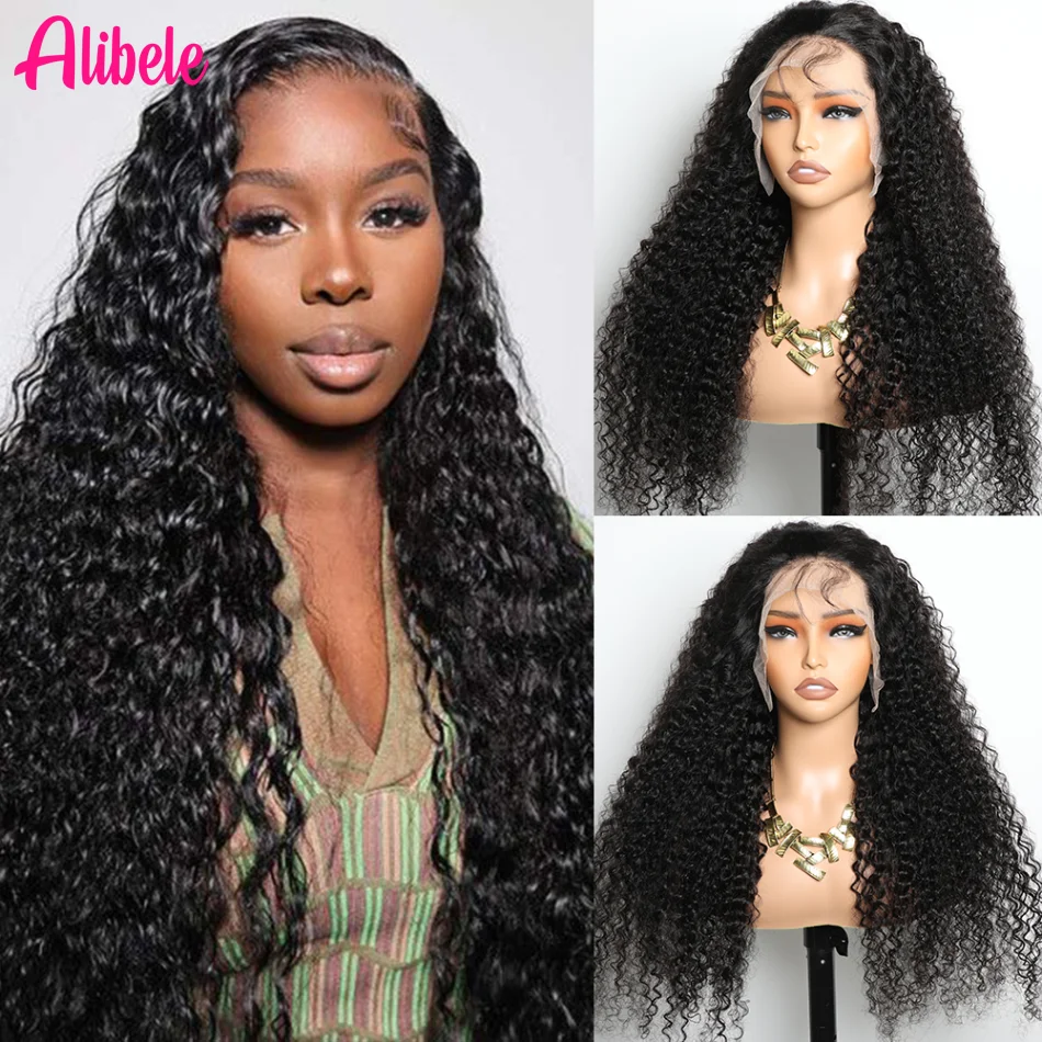 

ALIBELE Lace Front Wig Human Hair Curly Transparent Lace Frontal Wig Curly Pre Plucked Natural Black 12A Virgin Hair