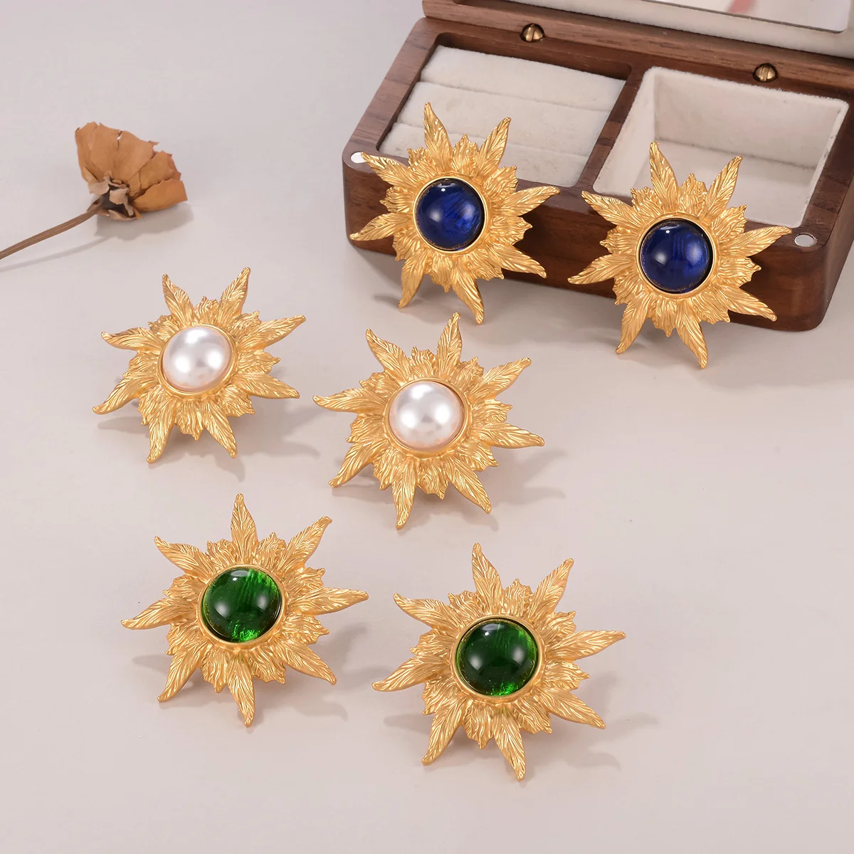 

Vintage Sunburst Earrings with Pearl/Blue/Green Crystal - Gold Tone Statement Studs for Women